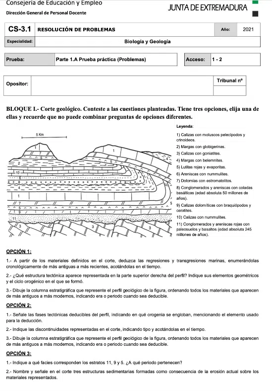 Examen práctico de Biología y Geología de Extremadura 2021, bloque I: corte geológico con tres opciones de preguntas
